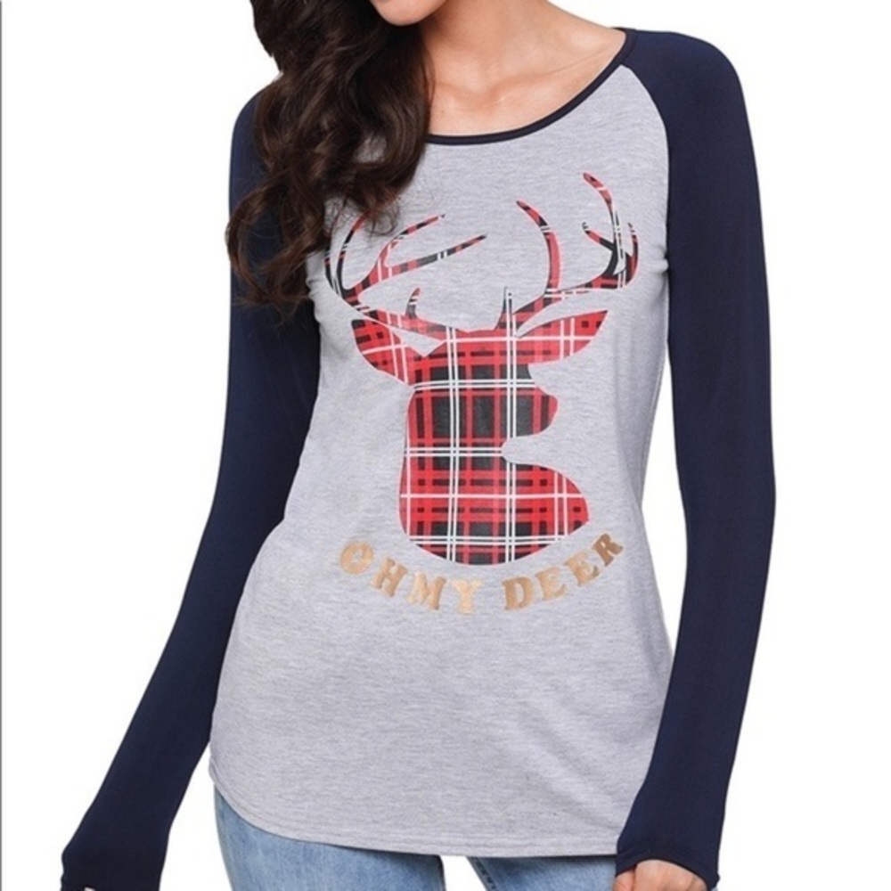 Plaid Reindeer “Oh My Deer” Long Sleeve Raglan Tee NWT